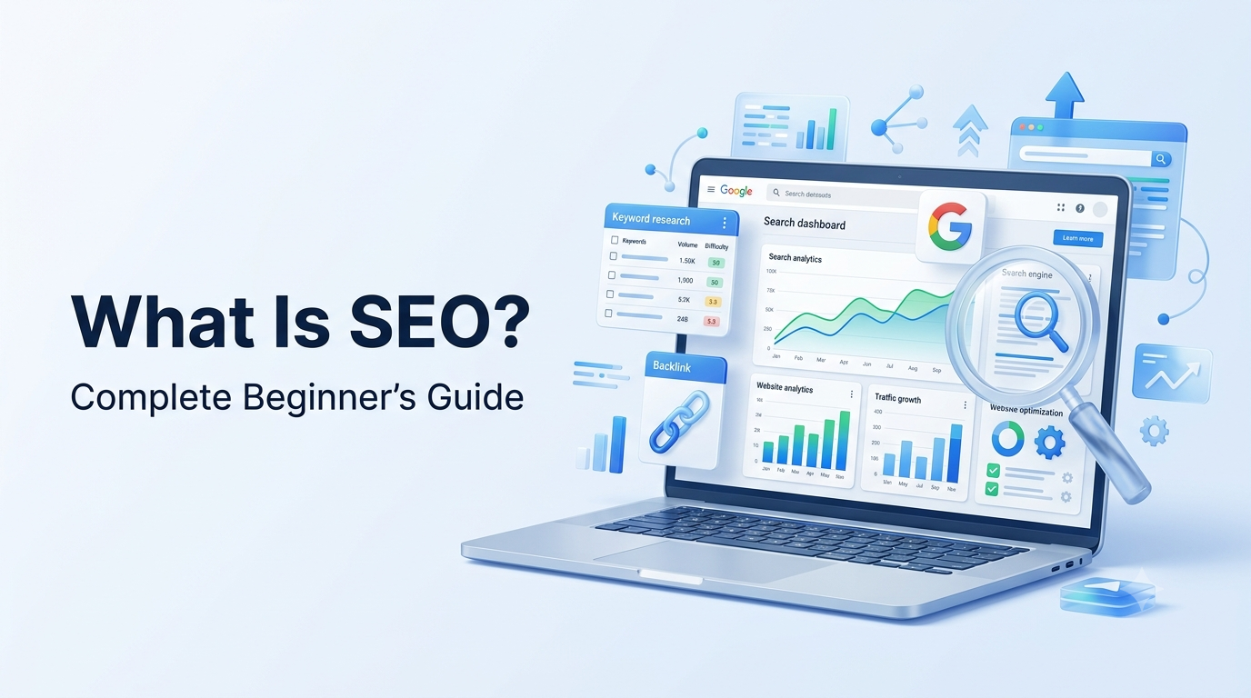 What Is SEO? Complete Search Engine Optimization Guide for Beginners with Google ranking and website optimization illustration